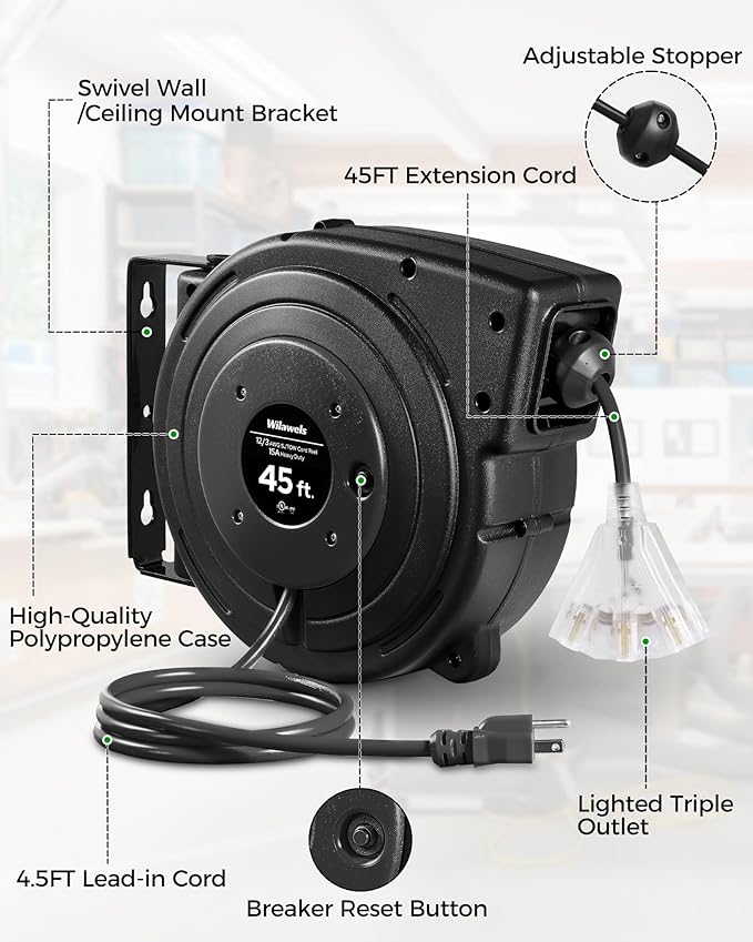 WILAWELS12 Gauge Retractable Extension Cord Reel, 45 FT 12AWG/3C SJTOW Heavy Duty Power Cord, 3 Grounded OutletsTriple Tap Cord Reel, Ceiling & Wall Mount, 15 Amp Circuit Breaker, UL Listed, H45CR06