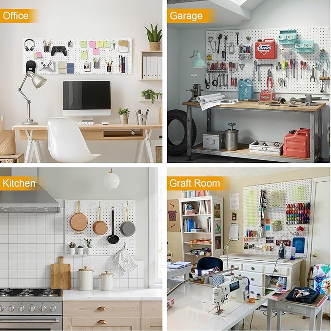 Peg Board, 4 Pack Metal Pegboard Panels White Pegboards Wall Organizer with Frame Large Heavy Duty Peg Board with Hooks for Walls Home, Garage Tool Storage, Office, Craft Room, Kitchen 24”×16”