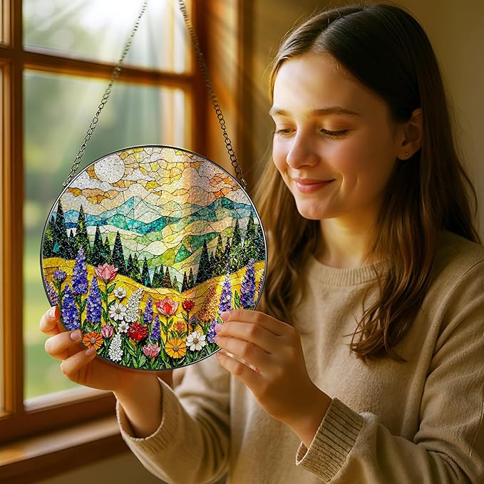 8-Inch Stained Glass Ornament, Stained Glass Window Hanging, Window Hanging Decor Suncatcher, Mountain Wildflower Ornament | Christmas, Mother’s Day, Birthday | Nature Art Gift, Gifts for Mom, Grandma