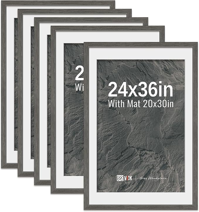 VCK 24x36 Poster Frame 5 Pack - Grey, High-End Wood Picture Frames with Polished Plexiglass, Display 20x30 Photo with Mat or 24x36 without Mat, Art Gallery-Quality, Wall Hanging, Grey