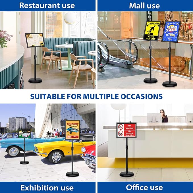 4 Pack Sign Holder Stands - 8.5 x11 inch Standing Sign Stand, Adjustable Poster Sign Holder Pedestal Floor Sign Stand, Aluminum Snap Open Frame for Vertical & Horizontal View Sign Stand, Black