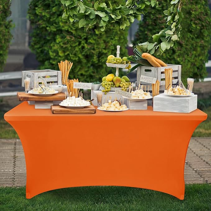 Nasitos 2 Pack Spandex Tablecloths for 6 Foot Rectangle Table - Open Back Orange Stretch Table Cloths, Wrinkle Resistant for Wedding, Parties, Buffet, Baby Shower