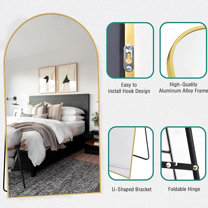 TinyTimes 78''x38'' Oversized Full Length Mirrors, Arched Floor Mirror with Stand, Full Body Large Standing Mirror/Leaning/Hanging Wall Mounted for Living Room, Bedroom, Gold