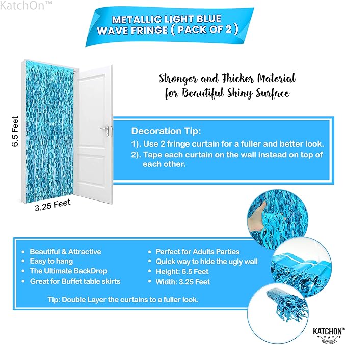 KatchOn, XtraLarge, Wavy Blue Foil Fringe Curtain - Pack of 2 | Foil Fringe Backdrop for Blue Christmas Decorations | Wavy Streamers for Winter Decorations, Birthday, Under The Sea Party Decoration