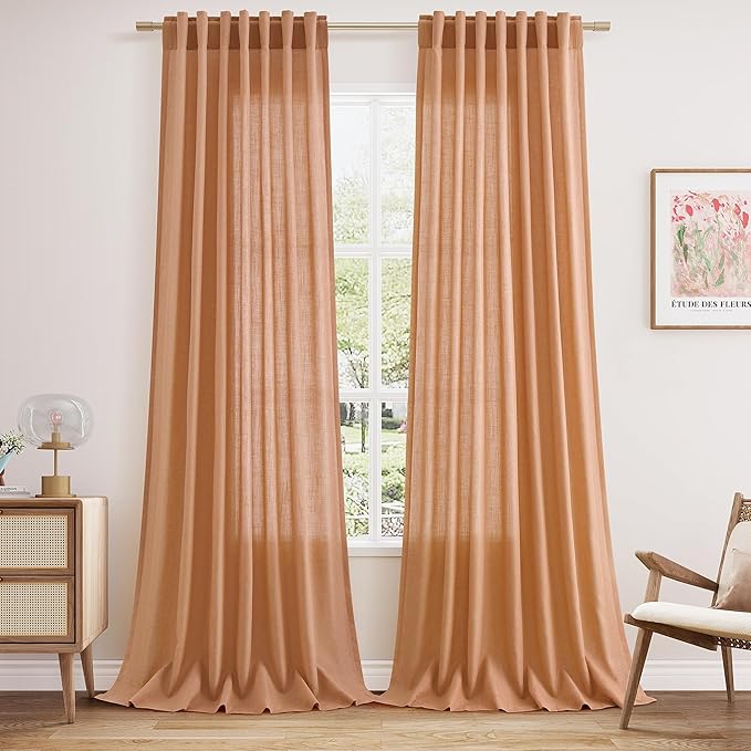 Peach Quartz Linen Blend Semi Sheer Curtains 108 Inch Length 2 Panel Set Back Tab Loop Pocket Light Filtering Boho Style Extra Long Drapes for High Ceiling Living Room 52x108