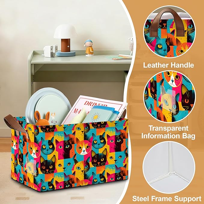32L Large Storage Bins with Handles, Cute Animal Basket Organizer for Shelves, Closet, Books, Laundry & Home Decor (Abstract Cat)