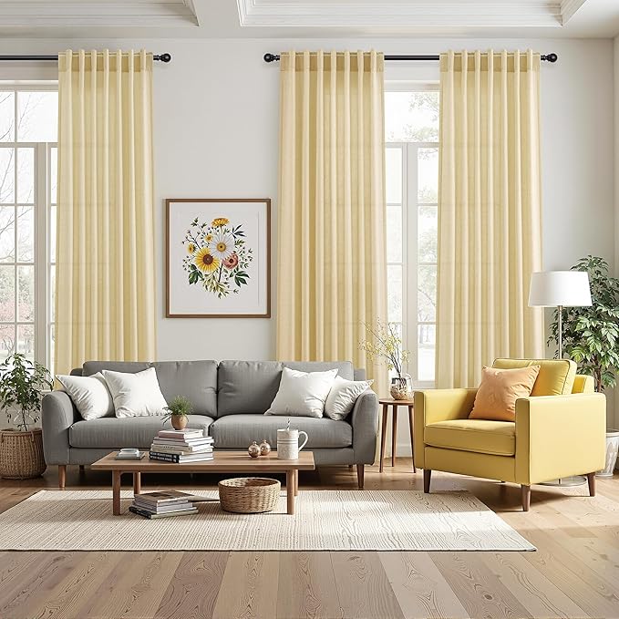 Nanspring Cream Yellow Curtains 96 Inch Length 2 Panels Set for Living Room Linen Light Filtering Modern Farmhouse Curtain Back Tab and Rod Pocket Privacy Sheer Drapes for Bedroom Office 52x96