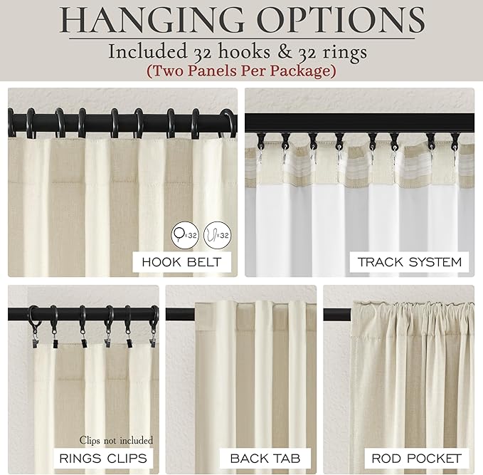 Linen Blend Cream Colored Curtains 102 Inches Long for Dining Room 2 Panels Set, Blackout Farmhouse Country Pleated Window Drapes with Back Tab Rod Pocket 8-1/2 FT Length Slider Door Curtain