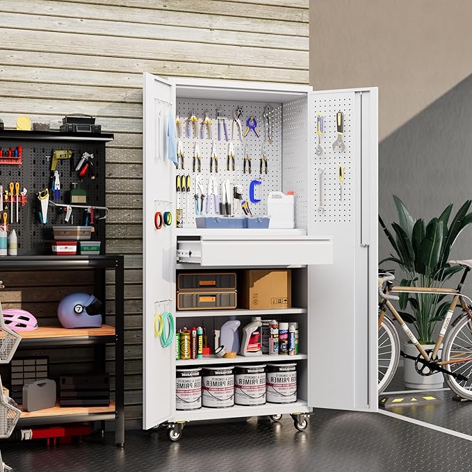 Metal Storage Cabinet with Drawers, Locking Garage Tool Cabinets on Wheels with Pegboards and Hooks for Warehouse Homes, Offices, Assembly Required