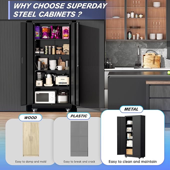 Superday Garage Storage Cabinet with Wheels，73" H Metal Storage Cabinet with Doors and Adjustable Shelves, Lockable Steel Utility Tool Cabinets for Garage, Home Office, Kitchen(Black)