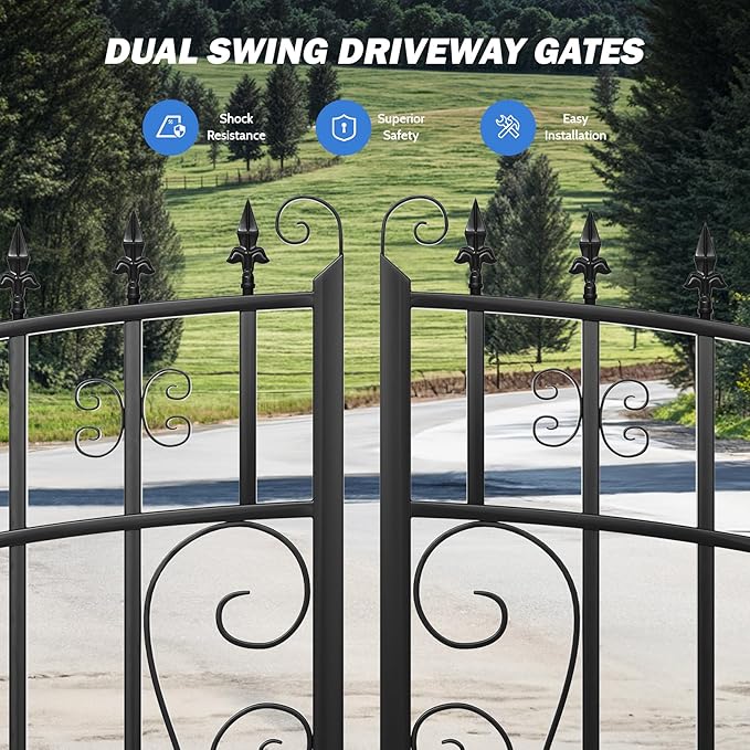 ZUMI Dual Swing Steel Gates - 16x6 ft. Weatherproof Greerwich Style for Home Security