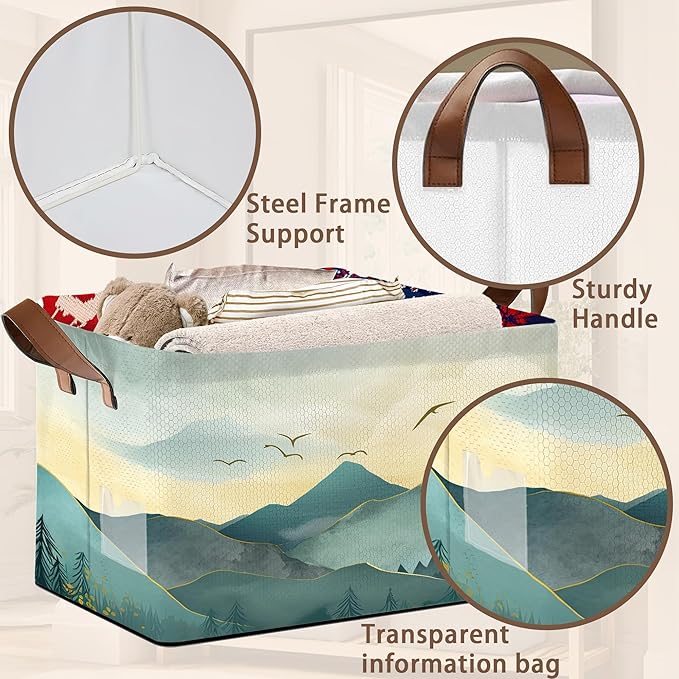 Sun Mountains Storage Basket Large 17x11.5x10.5 Inches - Collapsible Fabric Organizer Bin with Handles for Living Room, Bedroom, Blankets - Decorative Hamper with Scenic Mountain Design - Single Pack