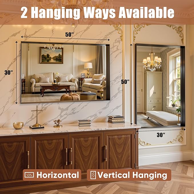 50"x30" Black Framed Bathroom Mirror, Large Rectangular Vanity Mirror, Aluminum Metal Frame, Wall Farmhouse Modern Wall-Mounted Mirrors for Bathroom, Bedroom, Living Room, Over Sink