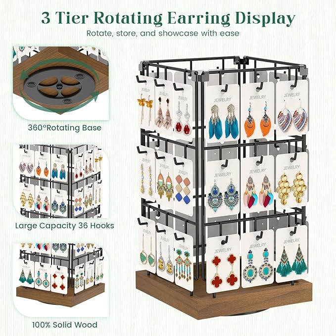 EsLuker.ly Rotating Earring Display Holder Stand for Vendors Events Selling, Large Capacity 36 Hooks Jewelry Rack with Wooden Base for Earring Card Sales, Enhances Retail Visibility(Brown)