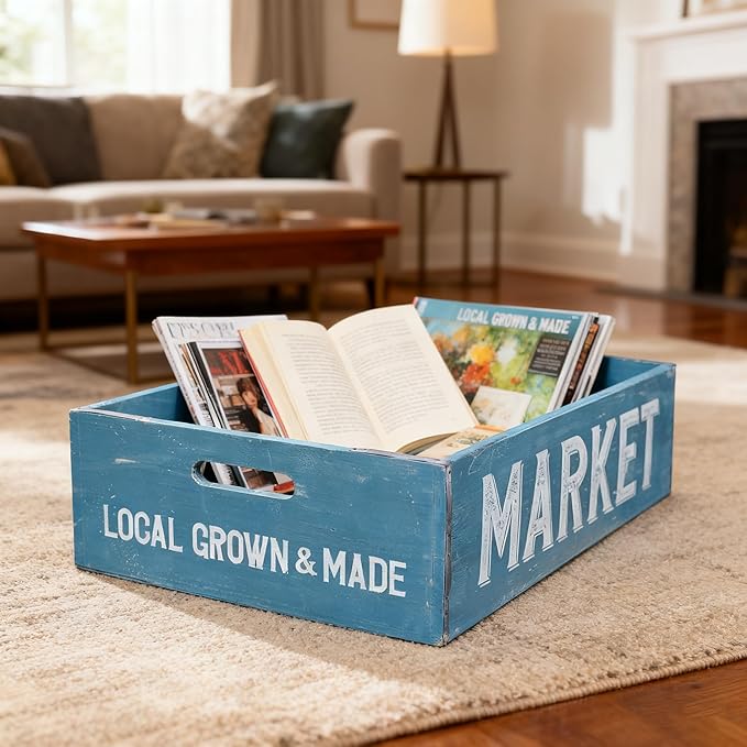 Extra Large Wooden Crate Set of 2 Rustic Wood Storage Crates Farmhouse Nesting Wooden Crate Basket Vintage Home Decorative Boxes with Handles for Display (Blue)