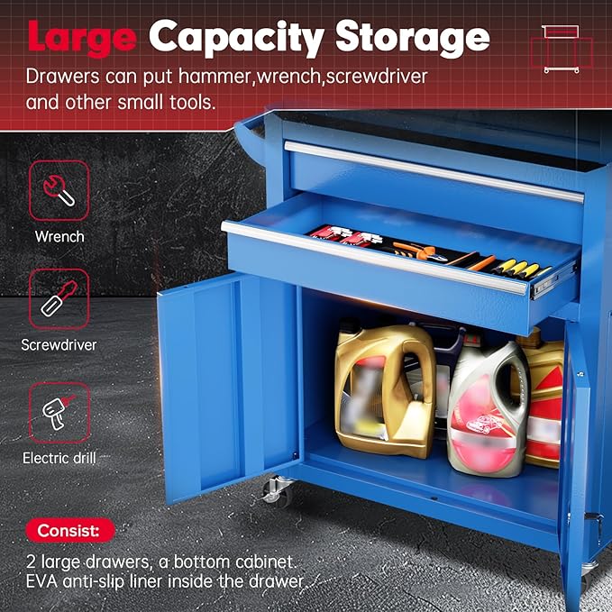 Superday Metal Tool Chest, 8 Drawer Rolling Tool Chest with Wheels, Detachable Tool Storage Cabinet with Lock for Garage, Steel Tool Cart with Liner & Hooks for Workshop, Warehouse (Blue)