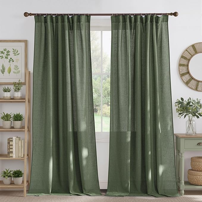 NICETOWN Thick Linen Blend Semi Sheer Forest Green Curtains, Pleat Tape Privacy Added Drapes with Light Filtering Window Treatments for Bedroom/Living Room, W52 x L108, 2 Panels