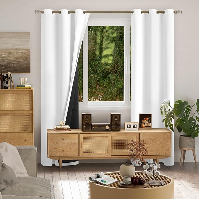 White Blackout Curtains for Living Room 84 Inch Length 2 Panels Set, Thermal Insulated 100% Light Blocking Soundproof Grommet Window Curtains for Bedroom with Black Liner, Each 42 Inch Wide