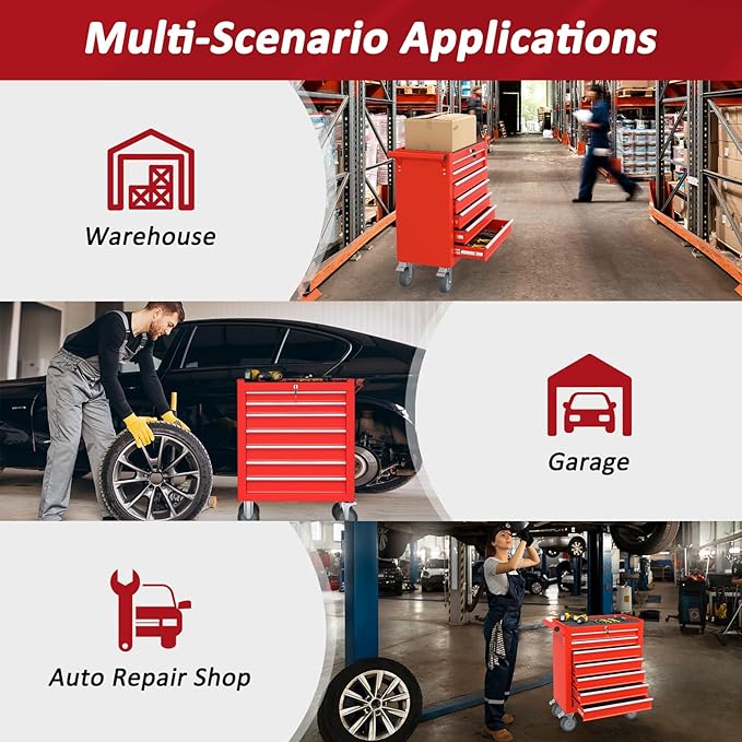 7 Drawers Rolling Tool Chest with Wheels, Portable Rolling Tool Boxes with Wheels, Tool Box Storage Cabinet with Locking System for Workshop(Red, 7 Drawers)