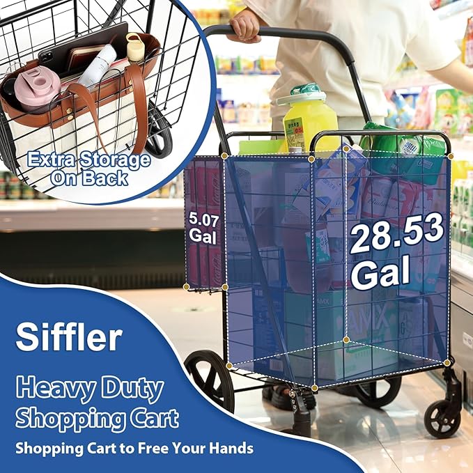 Siffler 33.6Gal Grocery Cart on Wheels, Foldable Utility Heavy Duty Shopping Carts with Double Basket Large Capacity and 360° Rolling Swivel Wheels for Groceries Laundry Transport (Black, Large)