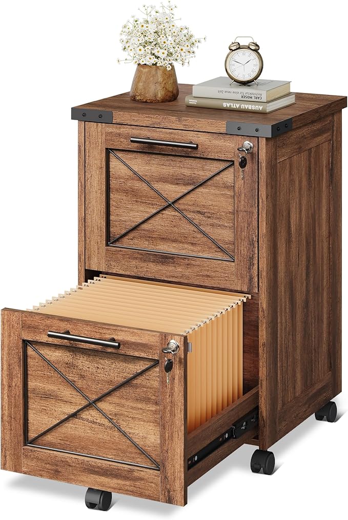 DEVAISE 2 Drawer File Cabinet with Hanging Files,Mobile Rolling Storage Cabinet for Home Office,Under Desk Filing Cabinet with Lock,Printer Stand,Oak
