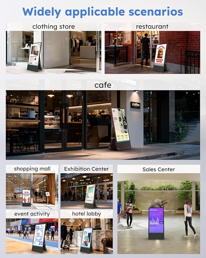 HARZHI 43 Inch Outdoor Digital Signage Display, Portable Powered High Brightness Screen Advertising Display Kiosk, Movable Waterproof Standing Poster, Business Helper, Android OS MWE