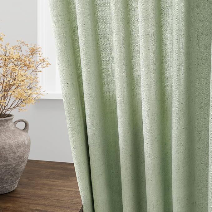 Nanspring Mist Sage Linen Curtains 102 Inches Long Rod Pocket Back Tab Drapes 2 Panels Set for Living Room Bedroom Light Filtering Semi Sheer Mist Sage Curtain 102 Length for Patio Door 52x102