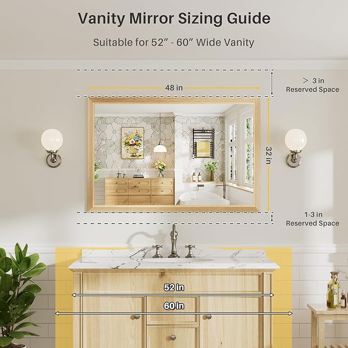 48x32 Inch Bathroom Mirror for Wall, Anti-Rust Oak Wood Grain Metal Framed Bathroom Mirrors for Over Sink,Rectangler Mirrors for Bathroom Vanity, Farmhouse, Bedroom, Living Room, Entryway Decor