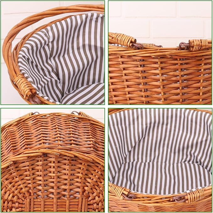 Large Wicker Picnic Basket with Double Folding Handles and Grey Lining, Wicker Basket, Large Willow Hamper, Handwoven Basket for Storage, Picnic, Camping