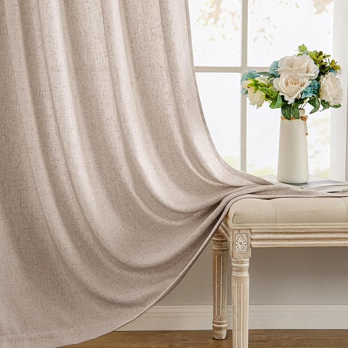 MIULEE Non-See-Through Privacy Linen Curtains 2 Panels, Light Filtering Window Curtains Farn House Textured Back Tab Semi Sheer Drapes for Bedroom Living Room, 52 x 90 Inches Long, Burlywood