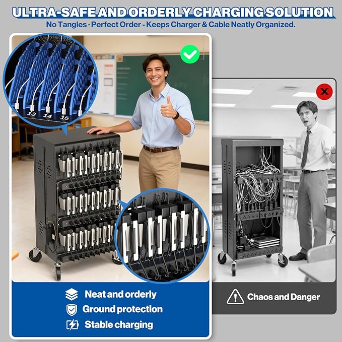 POCHAR 30 Unit Device Laptop Charging Cart for Chromebooks, Tablets, and Laptops for K-12 Education Classrooms, and Libraries, —Open-Back Design, Grounding Protection, Easy Assembly