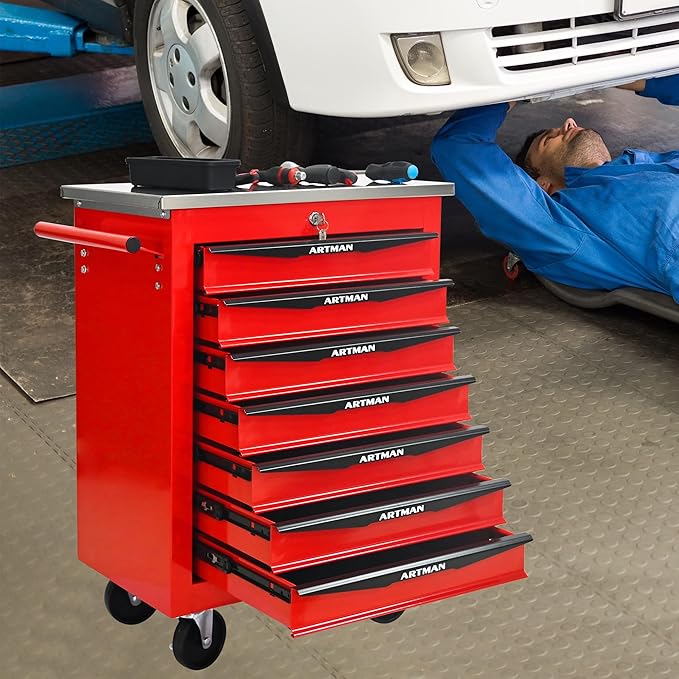 7 Drawers Tool Cart on Wheels with Stainless Steel Worktop, Heavy Duty Mobile Rolling Drawer Tool Chest with Locking Wheels & Lockable Drawers, Garage Tool Storage Cabinet (Red, 7 Drawers)
