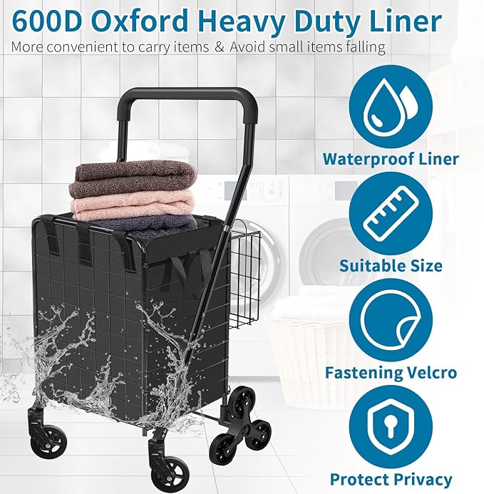 Grocery Shopping Cart with Waterproof Liner Stair Climber Utility Cart Easily Collapsible Cart with Tri-Wheels, 66lb Extended Foam Cover, Trolley for Stair, Laundry, Travel (Black-)