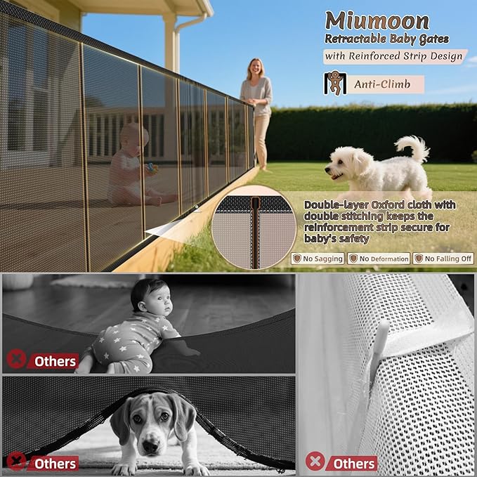 120 inch Retractable Baby Gates 34 inch Tall, Retractable Gate with Reinforced Strip Design to Prevent Crawling Through, 10 FT Extra Wide Retractable Dog Gate for Indoor/Outdoor