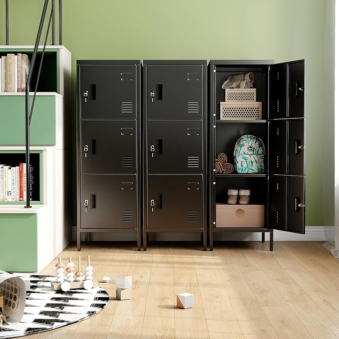 Aobabo 16" W 3 Door Metal Storage Locker with Lock, 47" H Steel Locker with Name Card Holder and Metal Leg for School, Home, Office, Playroom, Assembly Required, Black