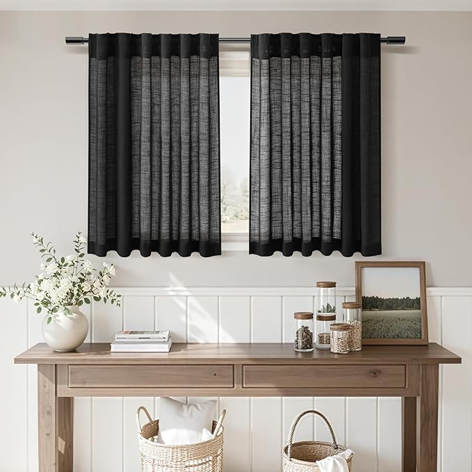 Nanspring Short Linen Curtains 36 Inch Length Black Semi Sheer Drapes Back Tab and Rod Pocket Neutral Privacy Cafe Curtains for Bathroom Small Windows, 34 x 36 Inch, 2 Panels