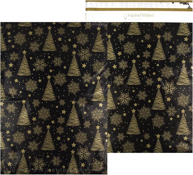 Inspired Mailers - Large Holiday Poly Mailers 14.5 x 19-50 Pack - Christmas Trees and Snowflakes (Black/Gold) - Large Holiday Mailing Envelopes