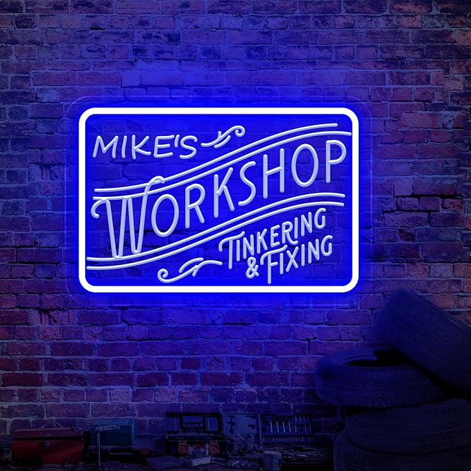 Personalized Workshop Neon Sign, Custom Name LED Garage Neon Light, Customizable Garage Light Up Sign for Man Cave, Garage, Handcrafted Workshop Decor, Gift for Dad, Husband, Craftsman