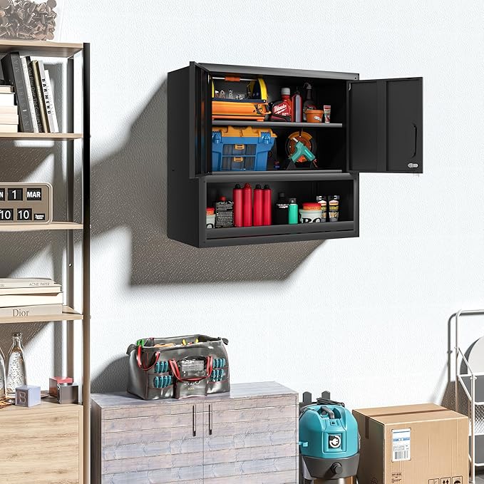 Garage Wall Cabinet Metal Storage Cabinet with Lock Wall Mounted Heavy Duty Steel Tool Cabinet with Door and Shelf Hanging Cabinet for Garage Warehouse Bathroom Kitchen,Assembly Required