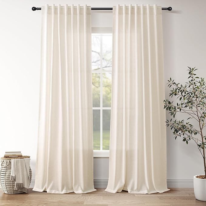 Nanspring Natural Linen Curtains 96 Inches Long for Living Room Bedroom Rustic Light Filtering Curtains Back Tab and Rod Pocket Farmhouse Decor Curtain for Dinner Room Office 52x96, 2 Panels
