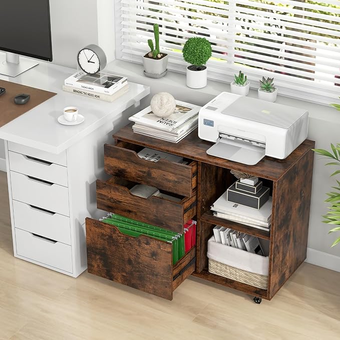 LOKO 3-Drawer File Cabinet, Mobile Printer Stand Cabinet with Adjustable Shelf, Rolling Lateral Filing Cabinet with Wheels for Letter, A4, Legal Size, for Home Office Organization (Rustic Brown)