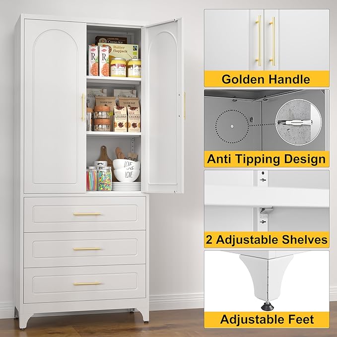 Metal Kitchen Pantry Cabinet with 3 Drawers，75 Inch White Food Pantry Cabinets for Kitchen Storage with 2 Adjustable Shelves,Tall Storage Cupboard for Living Room,Dining Room Office
