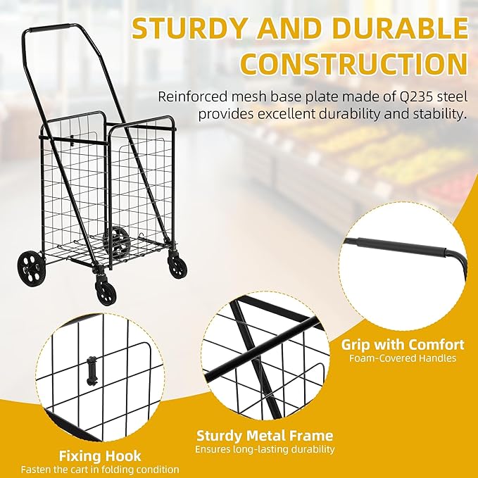 DWVO Folding Shopping Cart with Waterproof Liner, Collapsible Utility Cart with Wheels for Seniors, Portable Grocery Cart for Shopping, Laundry, Storage, and Camping