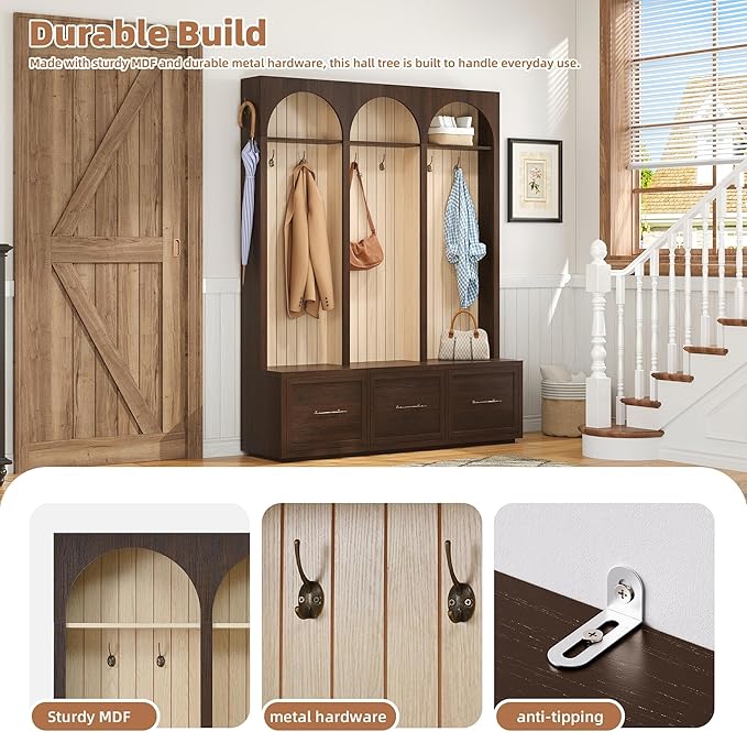 Merax Farmhouse Wood Hall Tree with Shoe Bench and 3 Drawers, 4-in-1 Coat Rack with 8 Hooks for Entrance, Hallway, Mudroom Dark Walnut