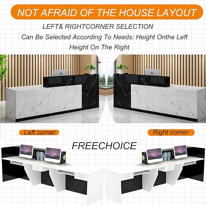 PLMOKN Wood Reception Desk Marble Stone with Checkout Retail Counter L Shaped Modern Mostrador para Negocio Office Desk Closed Front with Storage Drawers for Barber,Salon,Clothing Store