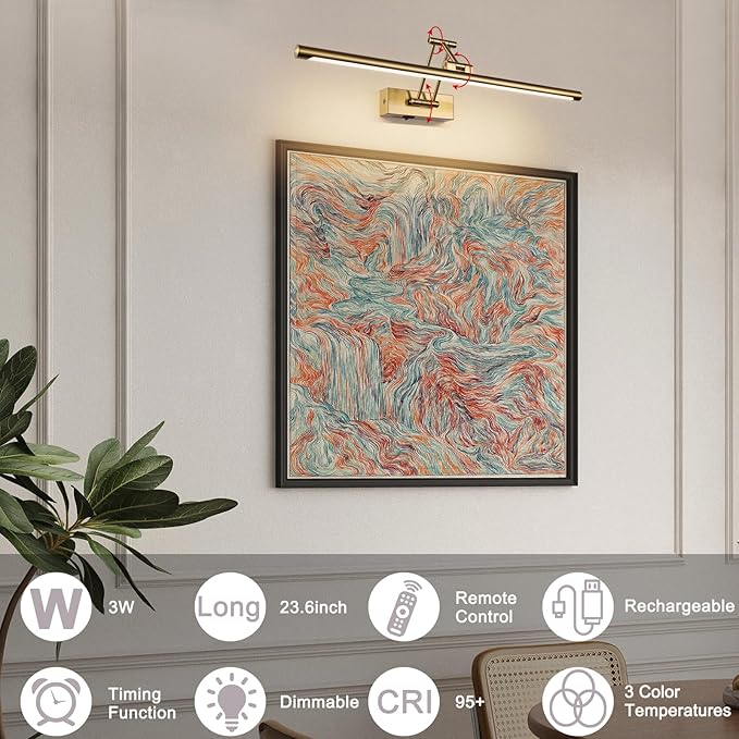 Picture Light Battery Operated with Remote LED Dimmable Picture Light for Paintings, Brass Rechargeable 24 inch Battery Operated Wall Sconce for Art Lighting Gallery Portrait Artwork
