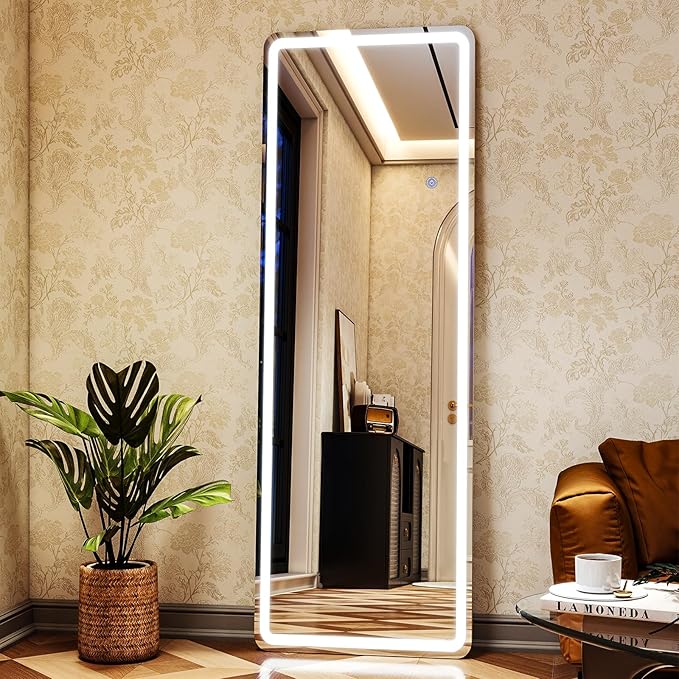 LED Rectangular Corner White Full Length Mirror - 16“ x 60” Brightness Adjustable, Touch Screen Control, Wall Mounted or Freestanding, for Bedroom Living Room Cloakroom Dressing Mirror
