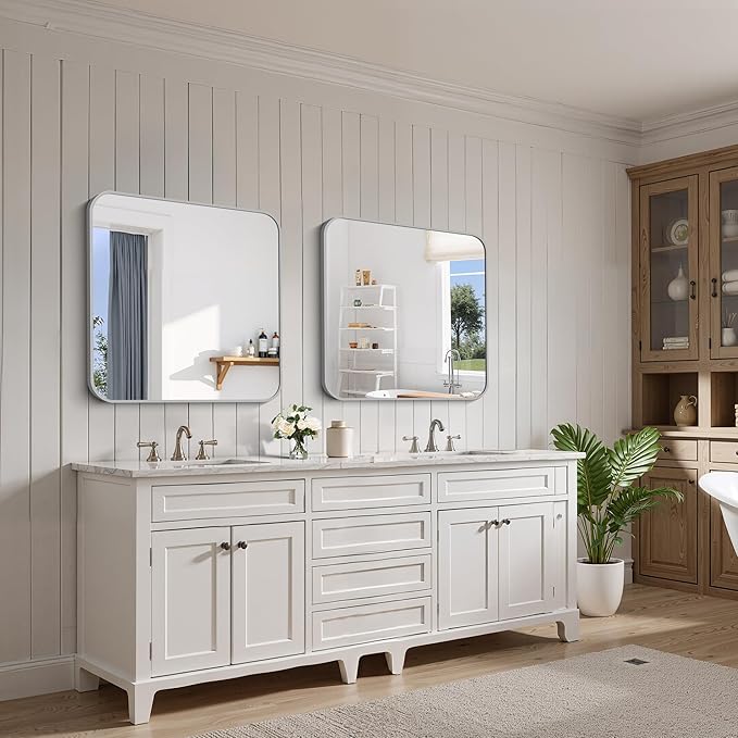 FORBATH 30x30 Inch Silver Bathroom Mirror for Over Sink, Large Square Wall Mirror with Metal Frame, Rounded Corners for Bathroom, Bedroom, Entryway Decor (Horizontal or Vertical)