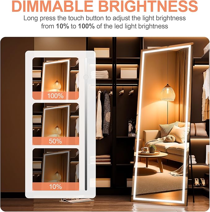 Full Length Mirror with Lights, 71" x 24" LED Lighted Floor Standing Body Mirror, Dimmable & 3 Color Lighting for Bedroom, Cloakroom, Dressing Room, Tempered Glass, Square Black