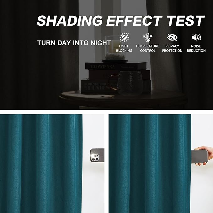 DUALIFE Dark Teal Blue Pinch Pleated Blackout Curtains 96 Inches Long, Back Tab with Hooks, Linen Full Black Out Thermal Insulated Track Curtain for Bedroom Living Room,40 Wx96 L, 2 Panels